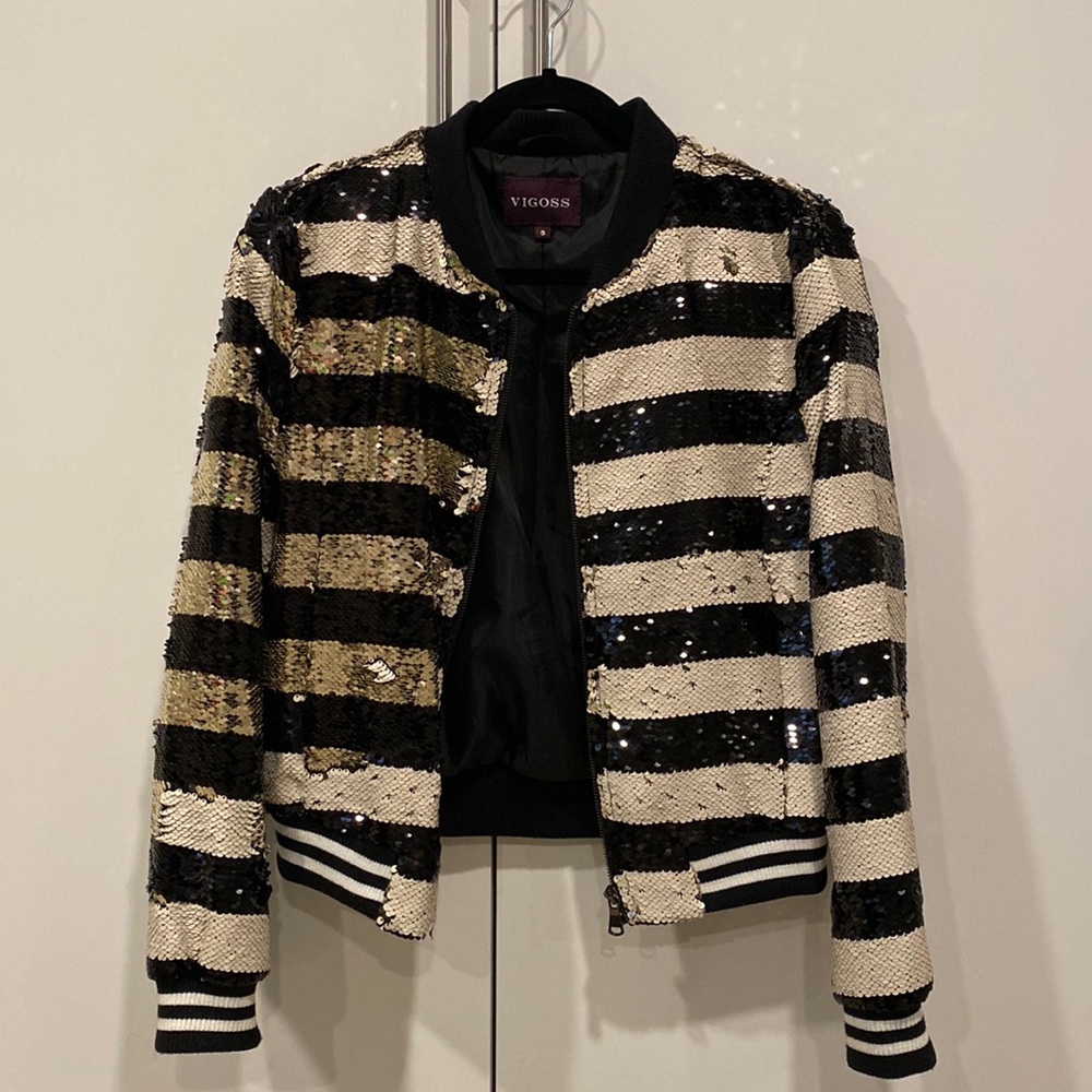 Vigoss Sequin Striped Bomber Jacket